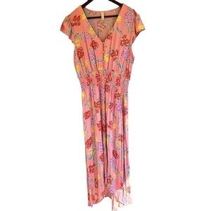 BeBop Pink Floral Midi Dress Size XL Button Down V Neck Short Sleeve Hi Low Hem